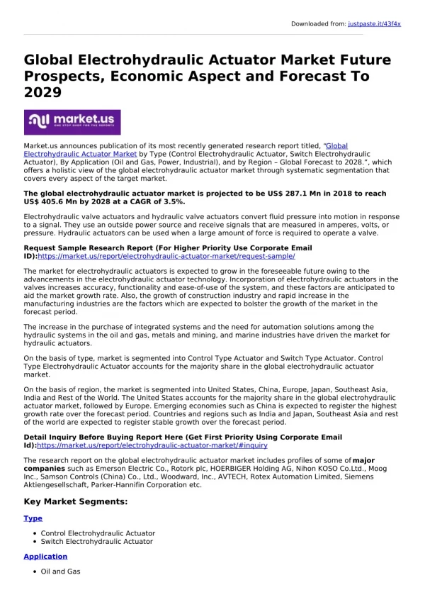 Electrohydraulic Actuator Market Opportunities, Historical Data & Future Trends By 2029