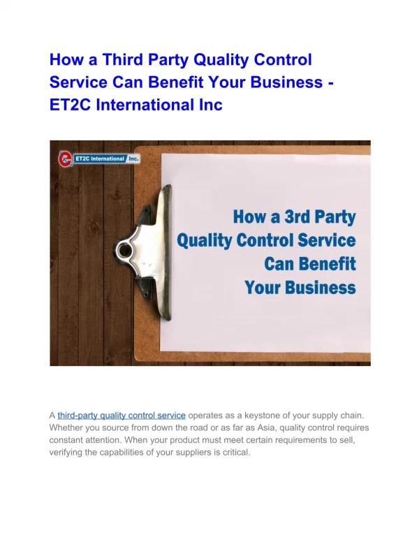 How a Third Party Quality Control Service Can Benefit Your Business - ET2C International Inc