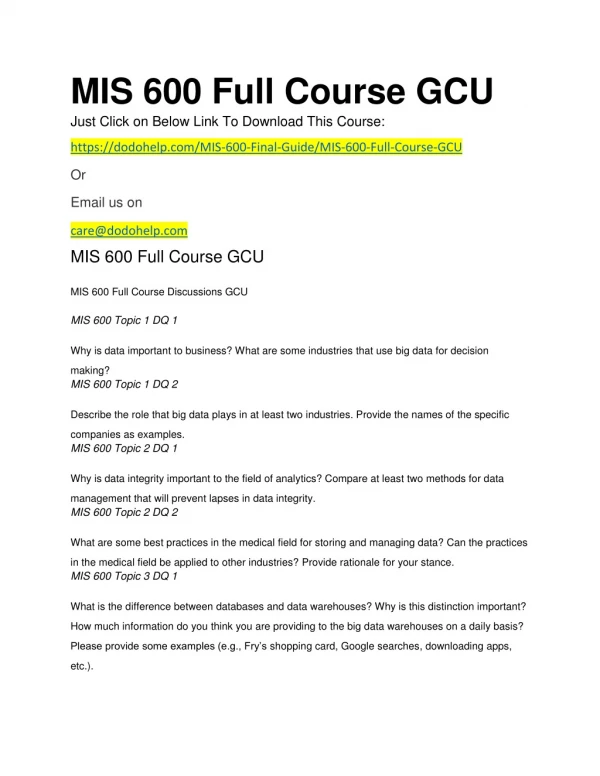 MIS 600 Full Course GCU