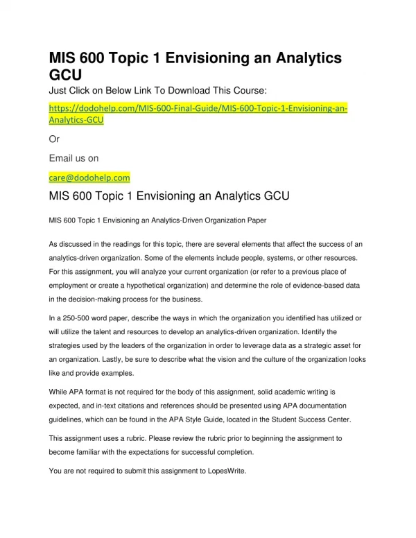 MIS 600 Topic 1 Envisioning an Analytics GCU