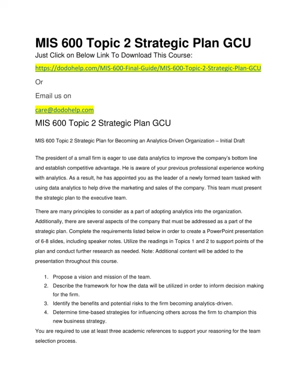 MIS 600 Topic 2 Strategic Plan GCU