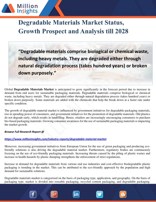 Degradable Materials Market Status, Growth Prospect and Analysis till 2028