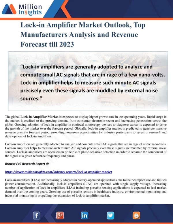 Lock-in Amplifier Market Outlook, Top Manufacturers Analysis and Revenue Forecast till 2023