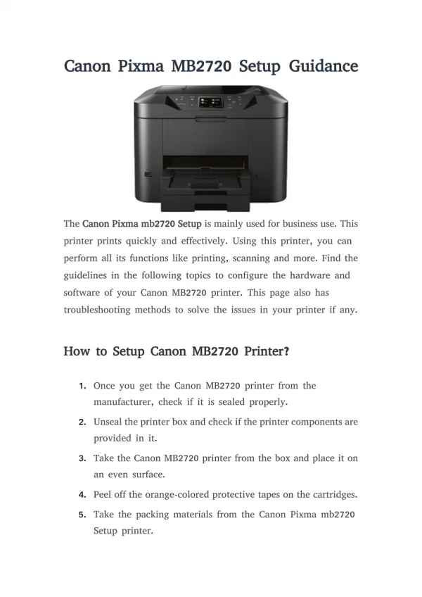 Canon Pixma MB2720 Setup Guidance | Printer Setup