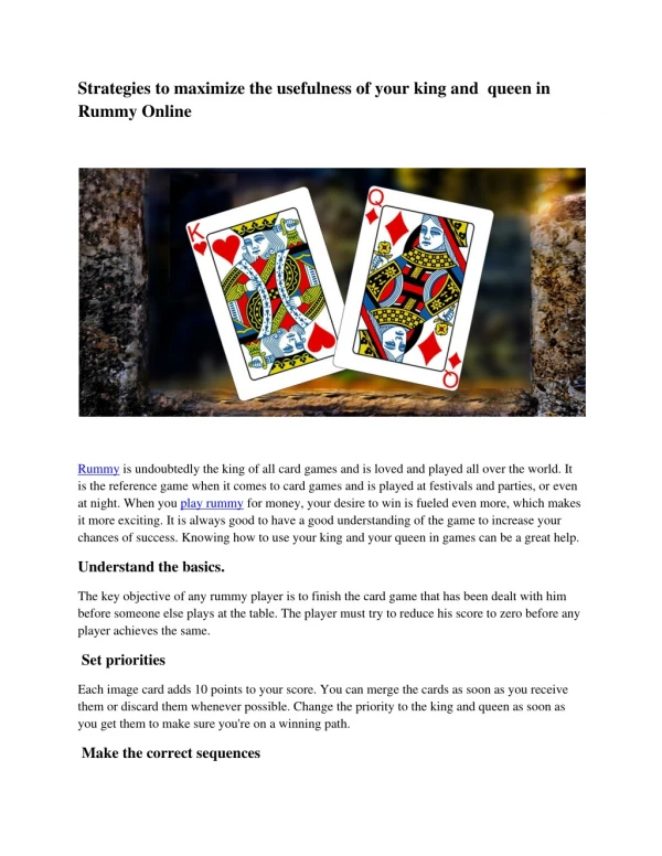 Strategies to maximize the usefulness of your king and queen in Rummy Online