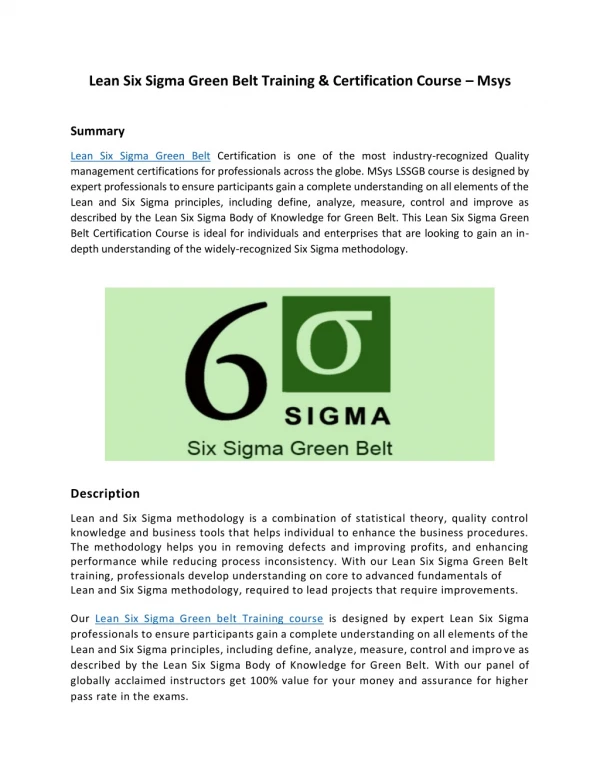 Lean Six Sigma Green Belt Training & Certification Course – Msys