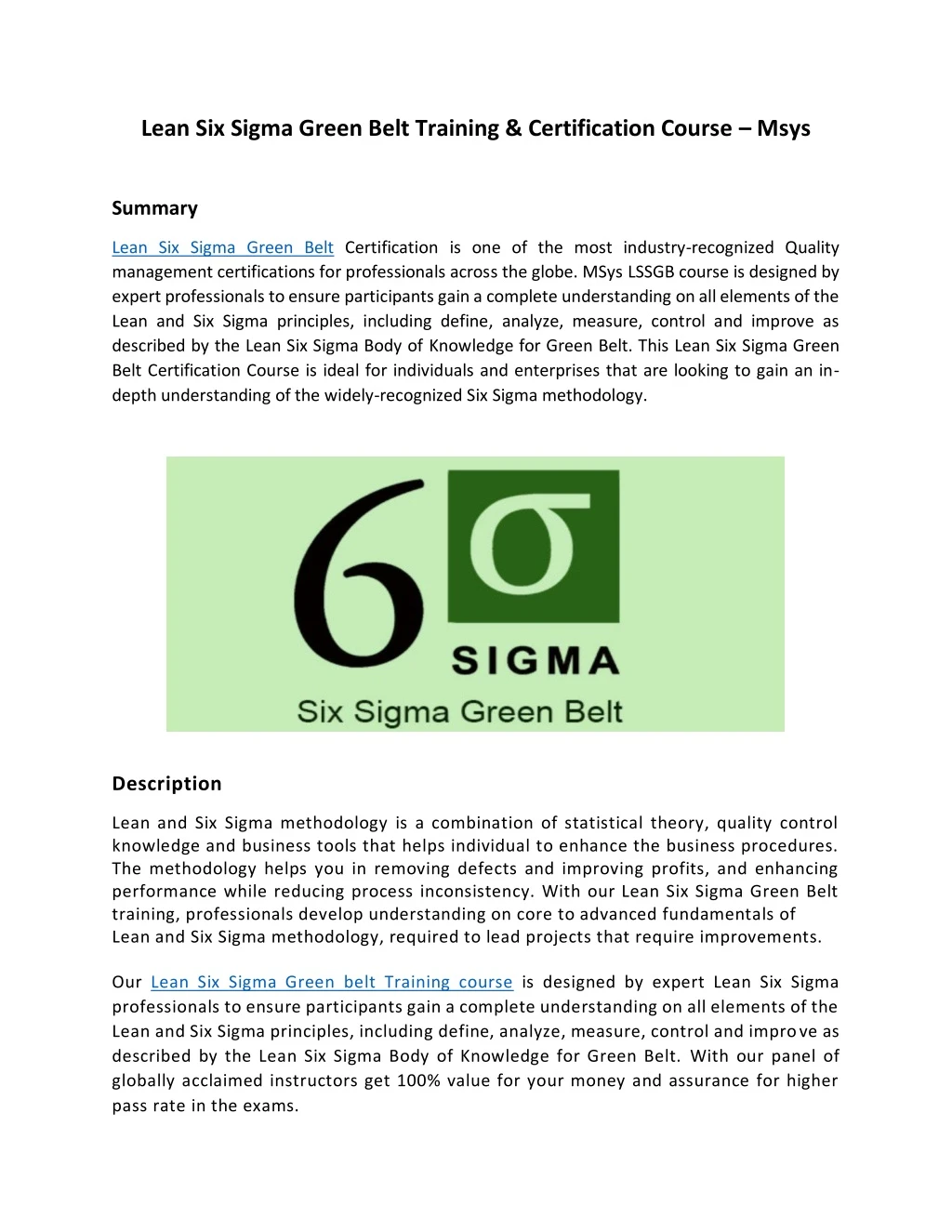 lean six sigma green belt training certification