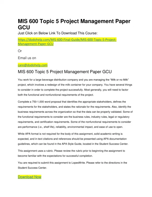 MIS 600 Topic 5 Project Management Paper GCU