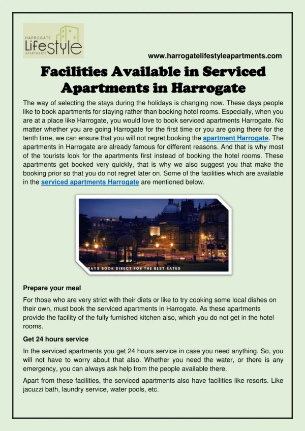 Facilities Available in Serviced Apartments in Harrogate
