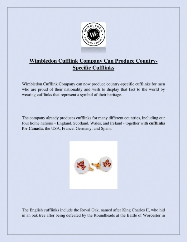 Wimbledon Cufflink Company Can Produce Country-Specific Cufflinks