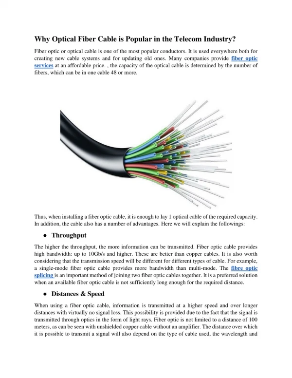 Why Optical Fiber Cable is Popular in the Telecom Industry!