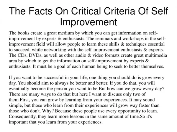 The Facts On Critical Criteria Of Self Improvement