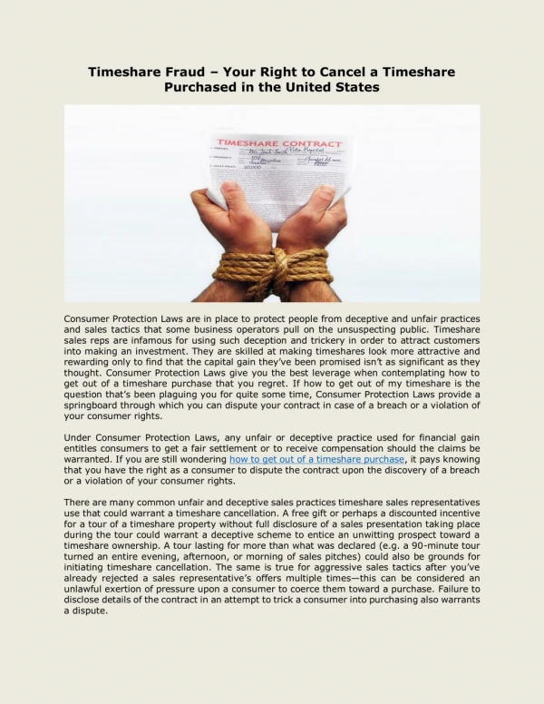 Timeshare Fraud – Your Right to Cancel a Timeshare Purchased in the United States
