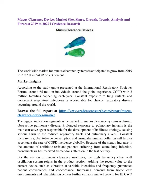 Mucus Clearance Devices Market Size, Share, Growth, Trends, Analysis and Forecast 2019 to 2027 | Credence Research