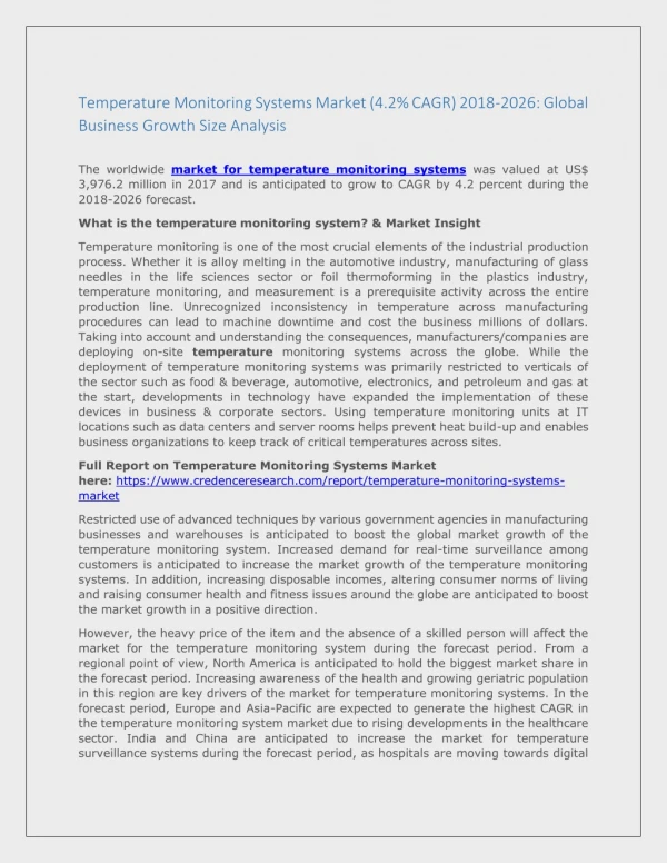 Temperature Monitoring Systems Market (4.2% CAGR) 2018-2026: Global Business Growth Size Analysis