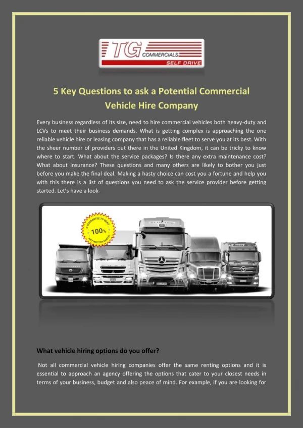 5 Key Questions to ask a Potential Commercial Vehicle Hire Company