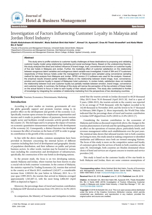 Investigation of Factors Influencing Customer Loyalty in Malaysia and Jordan Hotel Industry