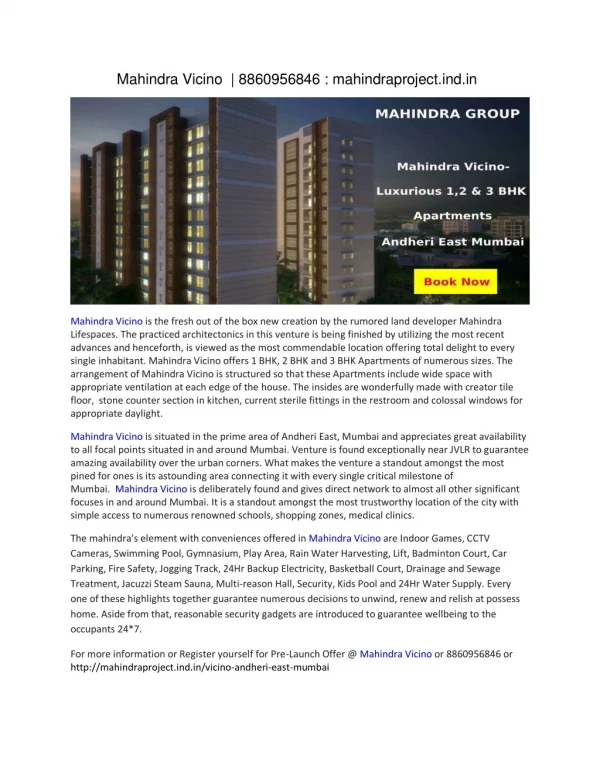 Mahindra Vicino | 8860956846 : mahindraproject.ind.in