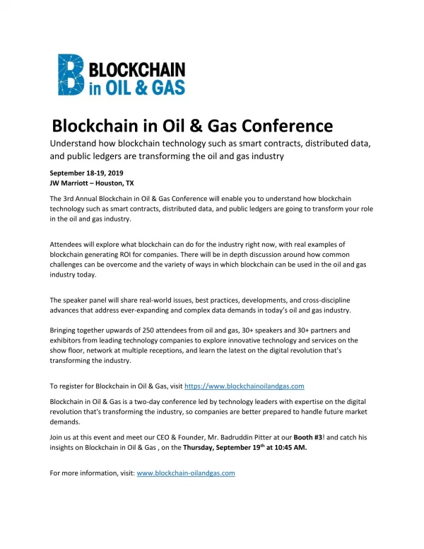 MDxBlocks is participating in Blockchain in Oil & Gas Conference