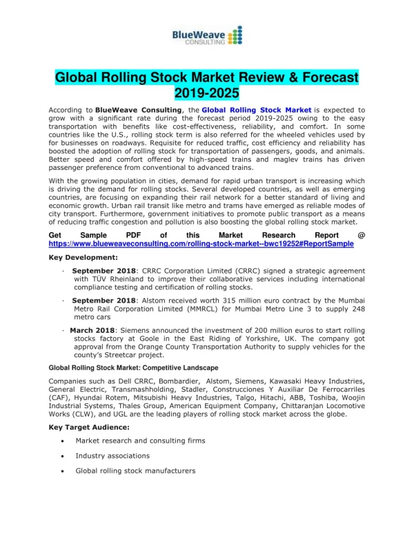 Global Rolling Stock Market Size, Leading Players, Scope and Demand Till the end of 2025