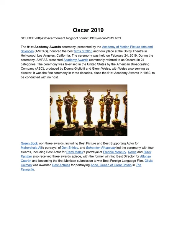 Oscar Awards For The Year 2019