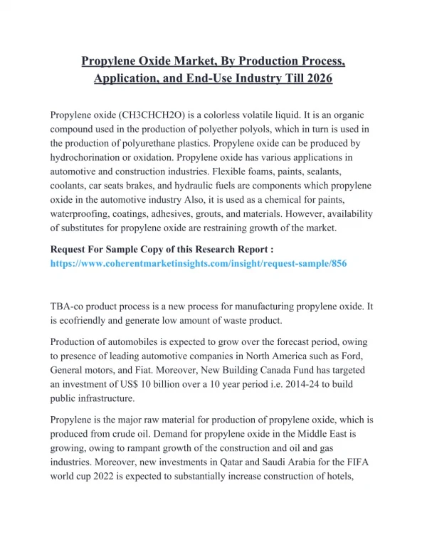 Propylene Oxide Market, By Production Process, Application, and End-Use Industry Till 2026