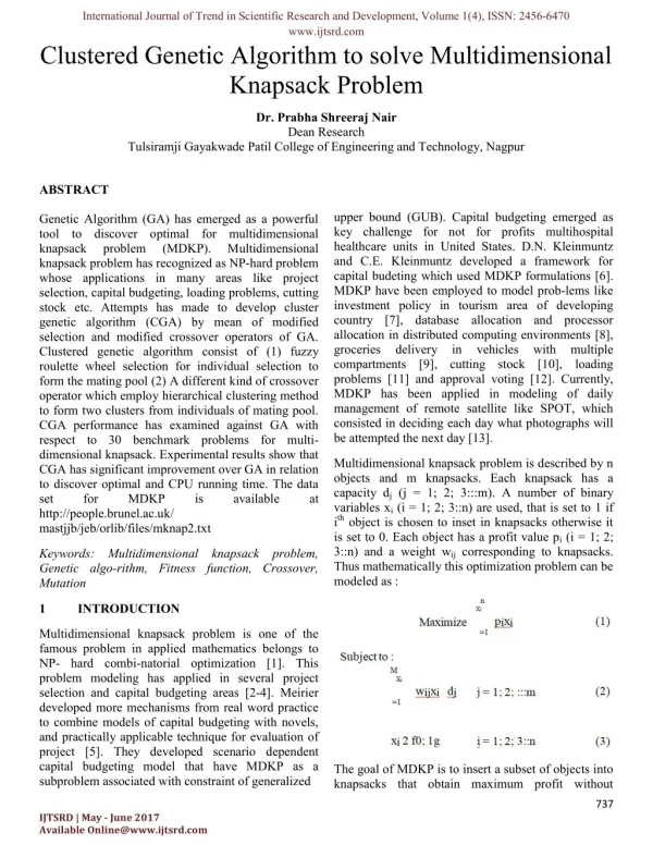 Clustered Genetic Algorithm to solve Multidimensional Knapsack Problem