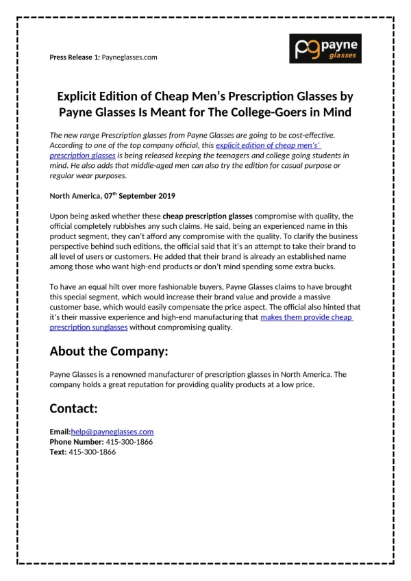 Explicit Edition of Cheap Men’s Prescription Glasses by Payne Glasses Is Meant for The College-Goers in Mind