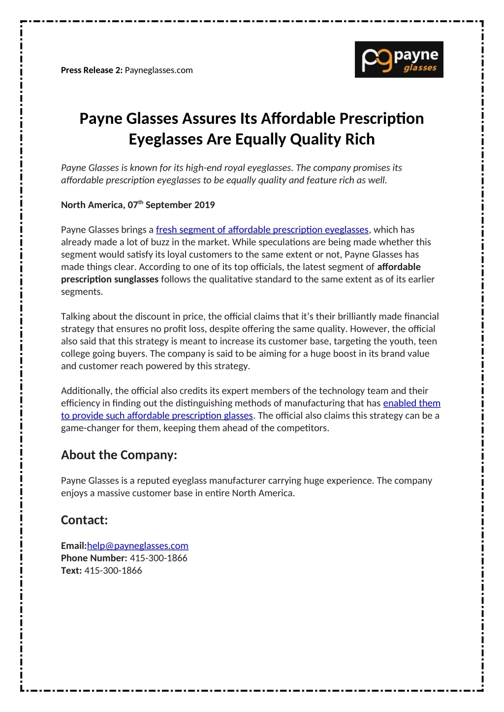 press release 2 payneglasses com