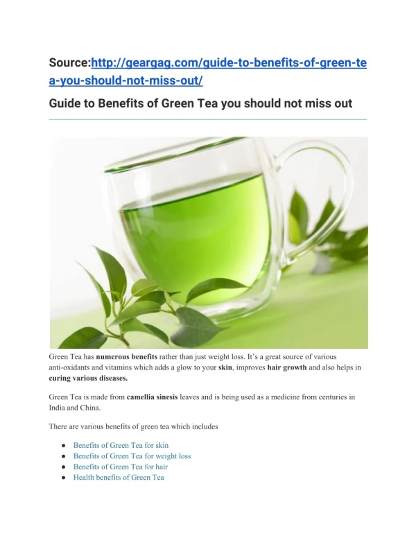Guide to Benefits of Green Tea