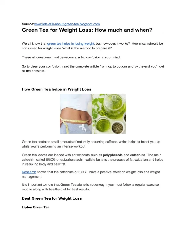 Green Tea for Weight Loss, how much and when to consume