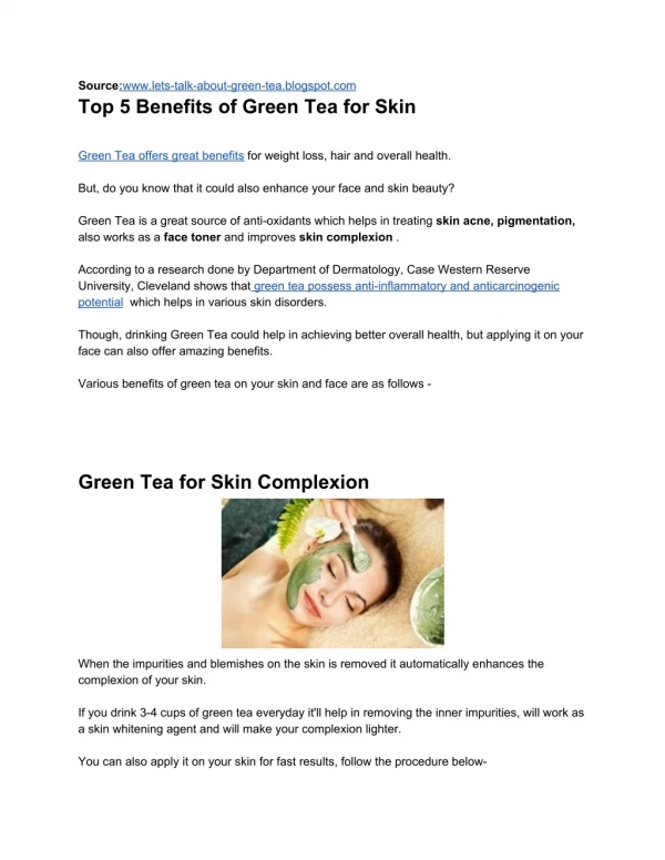 5 imporatnt Benefits of Green Tea for Skin