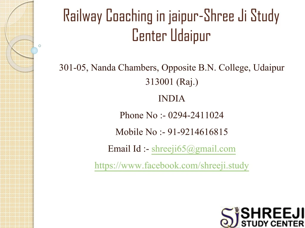 railway coaching in jaipur shree ji study center udaipur