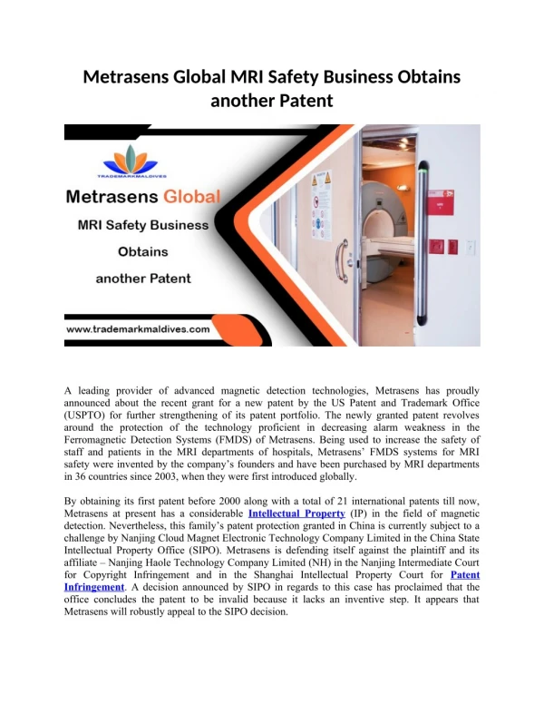 Metrasens Global MRI Safety Business Obtains another Patent