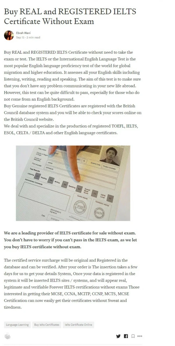 Buy REAL and REGISTERED IELTS Certificate Without Exam
