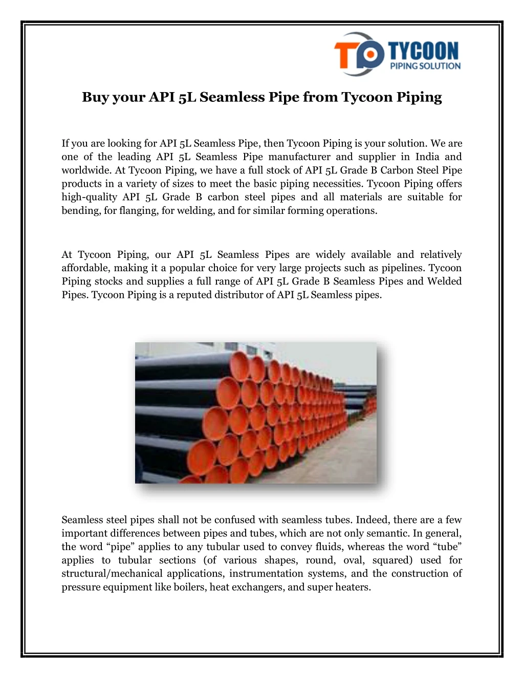 buy your api 5l seamless pipe from tycoon piping