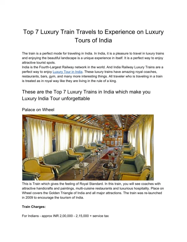 Top 7 Luxury Train Travels to Experience on Luxury Tours of India