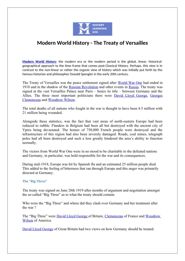Modern World History - The Treaty of Versailles