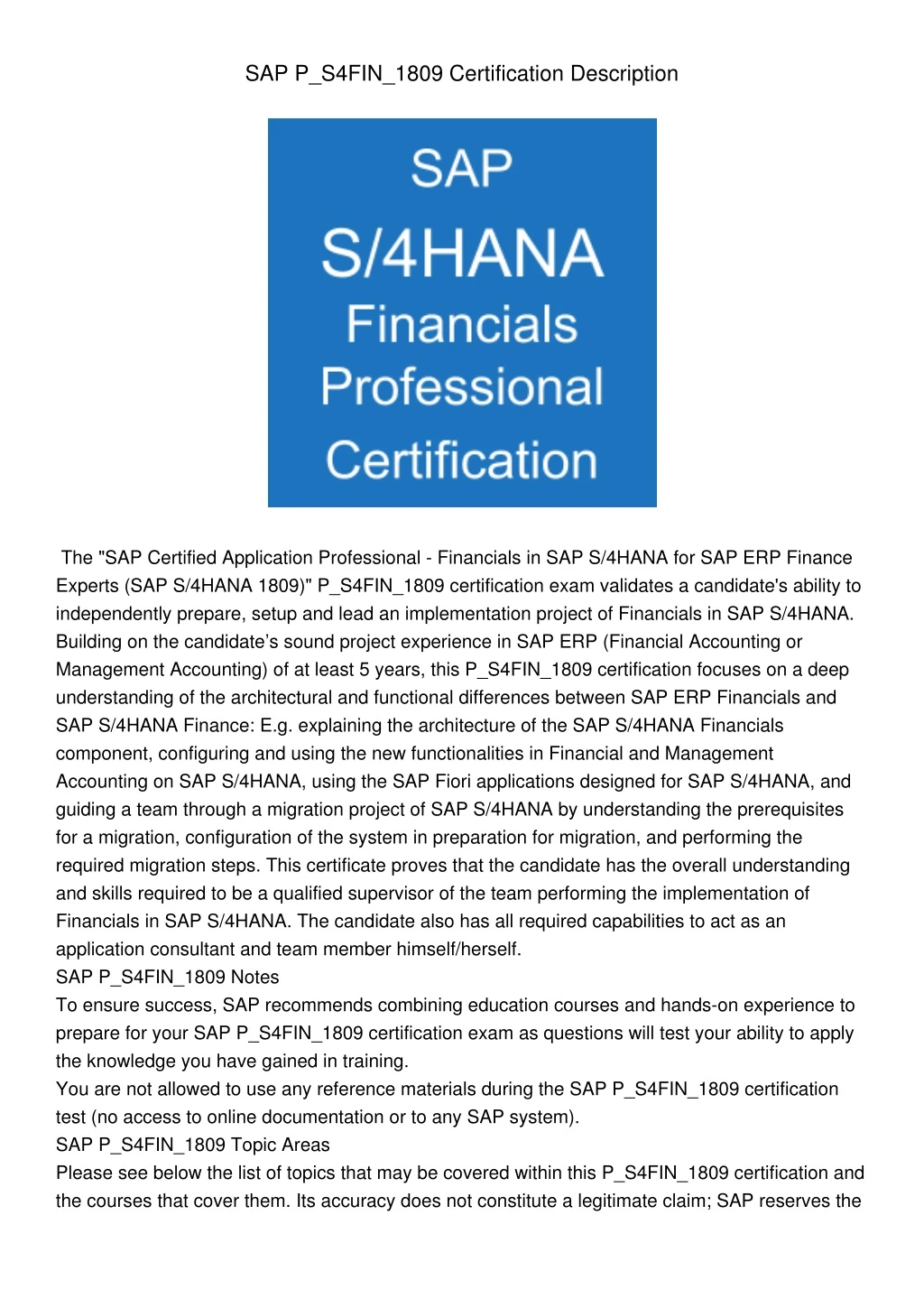 sap p s4fin 1809 certification description