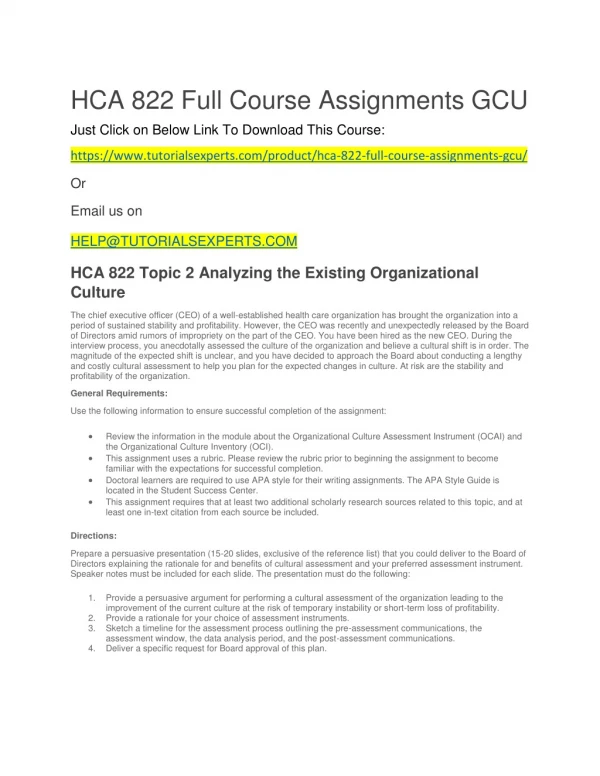 HCA 822 Full Course Assignments GCU