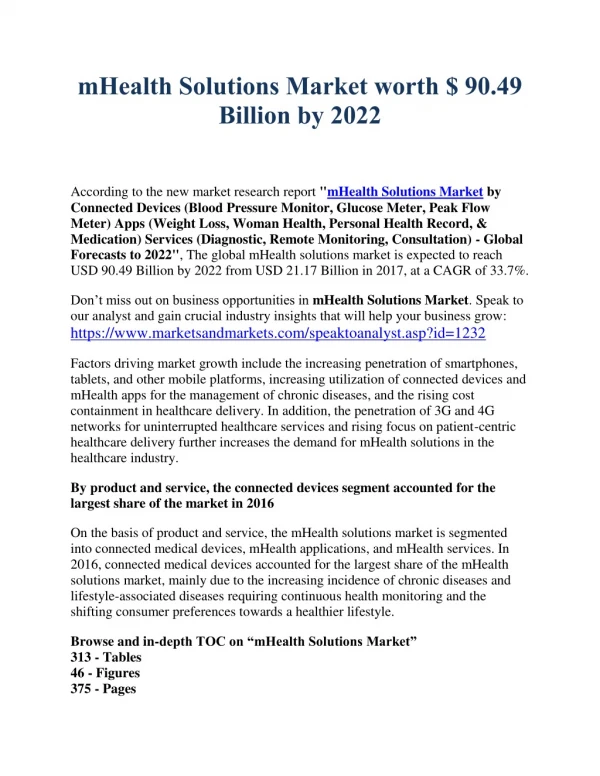 mHealth Solutions Market worth $ 90.49 Billion by 2022