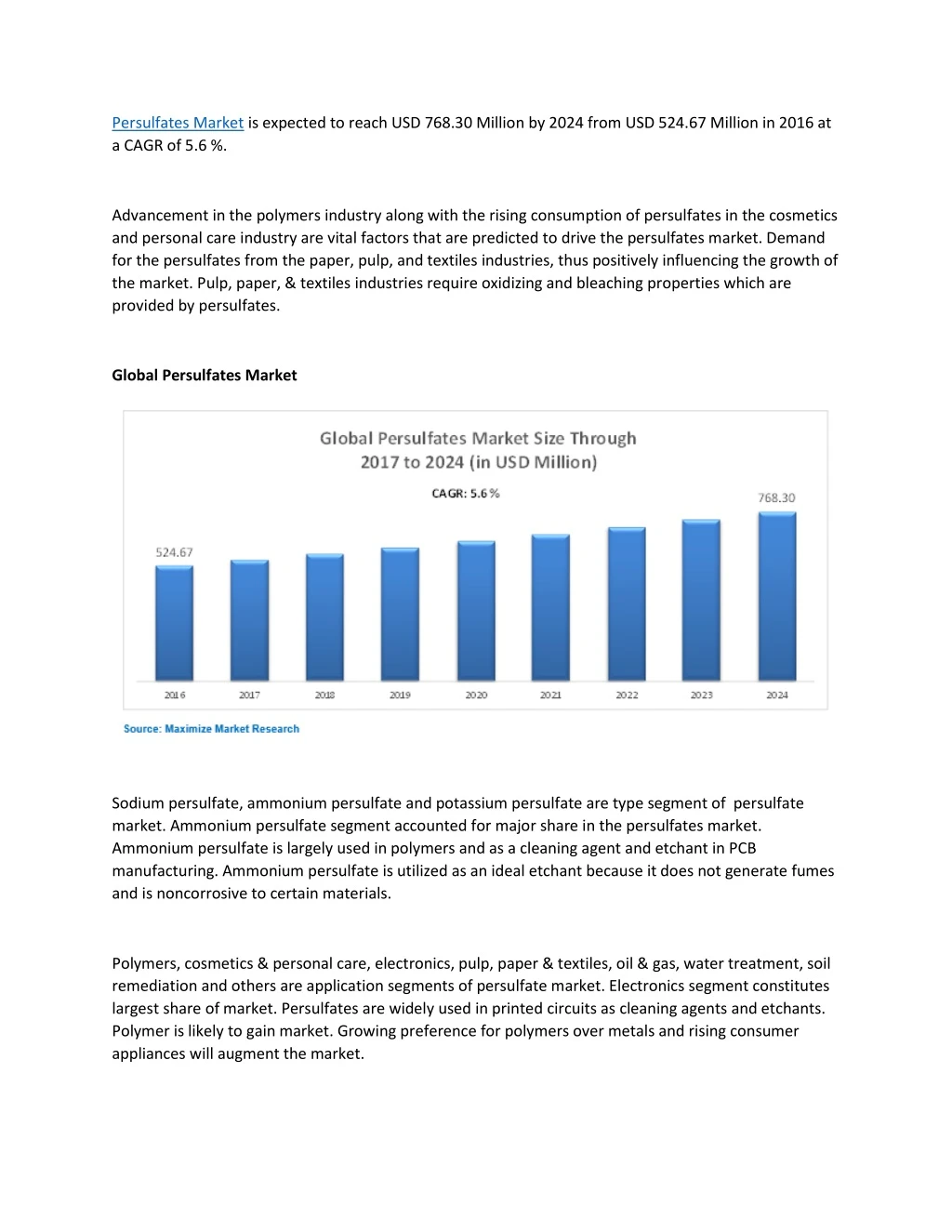 persulfates market is expected to reach