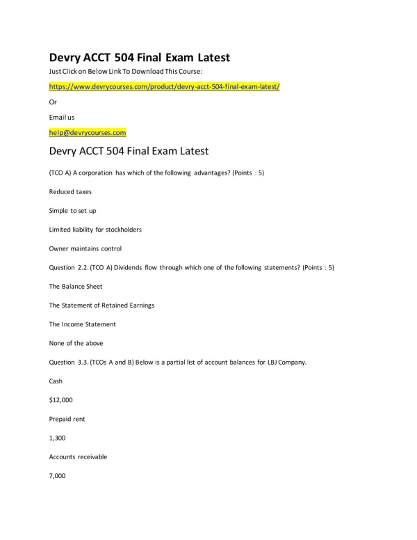 Devry ACCT 504 Final Exam Latest