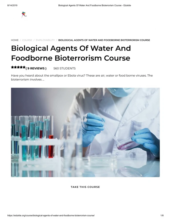 Biological Agents Of Water And Foodborne Bioterrorism Course - Edukite