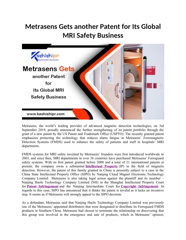 Metrasens Gets another Patent for Its Global MRI Safety Business