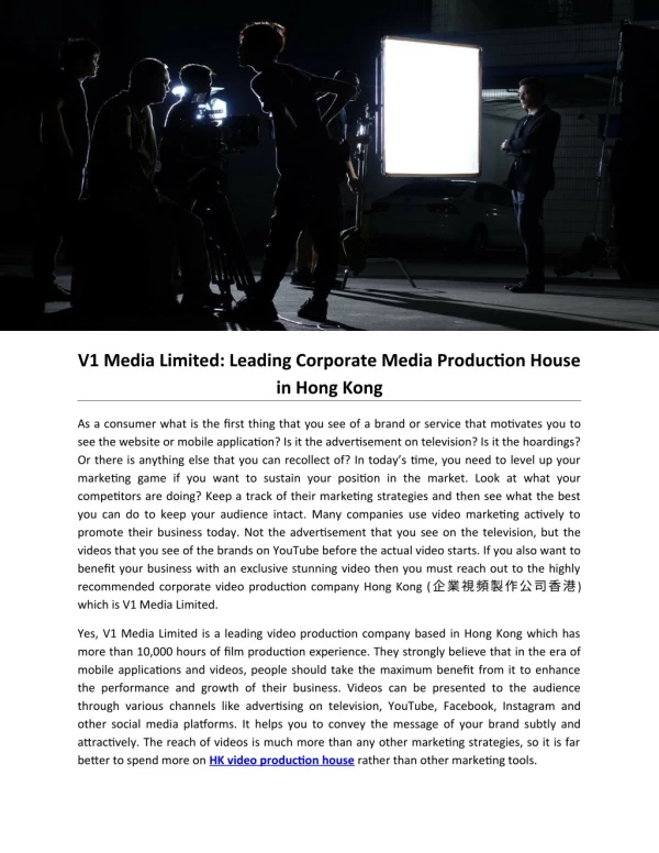 V1 Media Limited: Leading Corporate Media Production House in Hong Kong