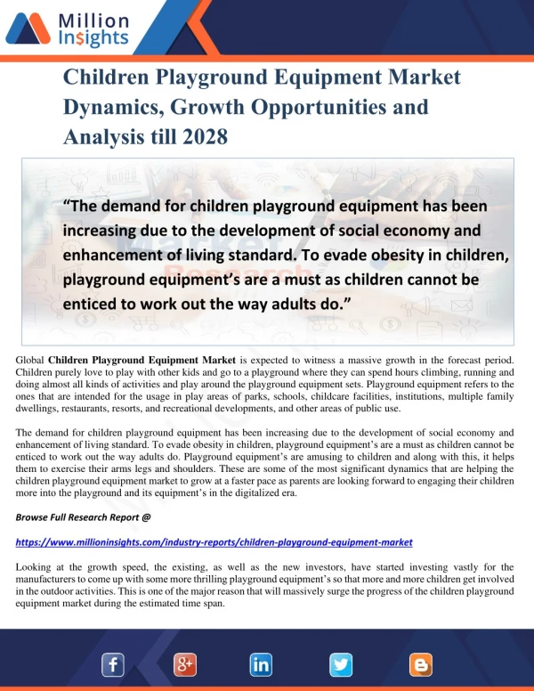 Children Playground Equipment Market Dynamics, Growth Opportunities and Analysis till 2028