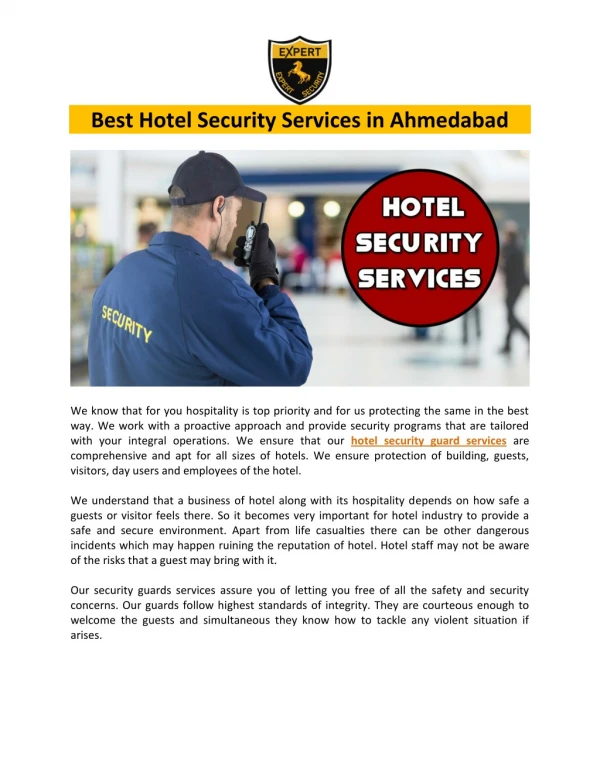 A Prominent Hotel Security Guard Service Providers in Ahmedabad