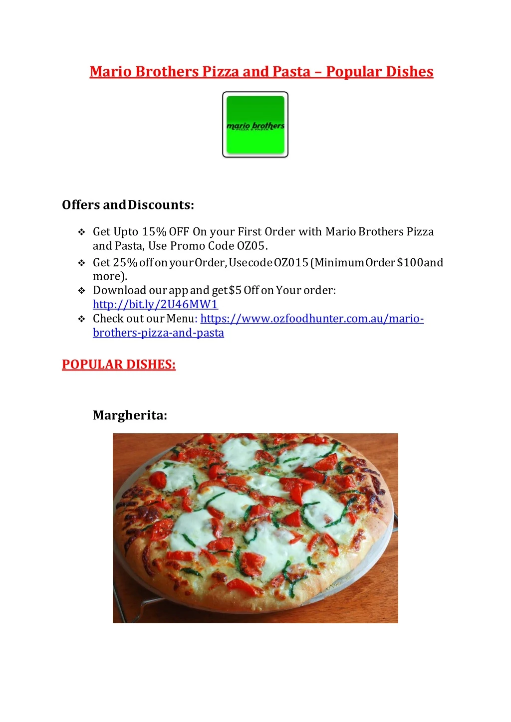 mario brothers pizza and pasta popular dishes