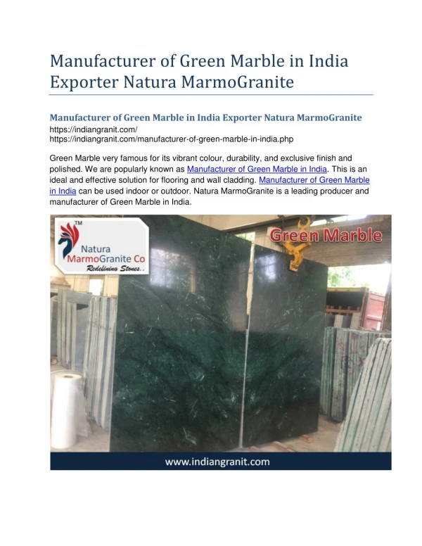 Manufacturer of Green Marble in India Exporter Natura MarmoGranite